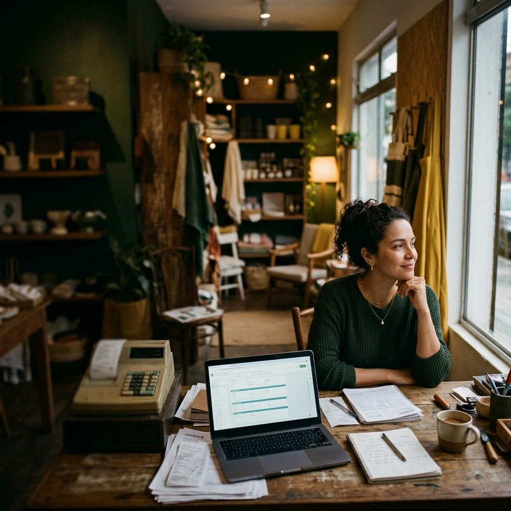 Dona de uma loja analisando o negócio com um notebook e anotações