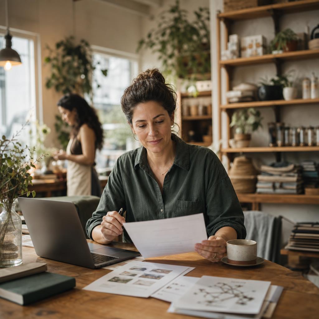 Empresária analisando documentos e o negócio com um notebook