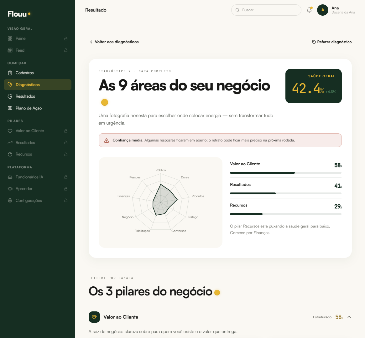 Tela do Flouu com o resultado completo das nove áreas e a saúde geral do negócio